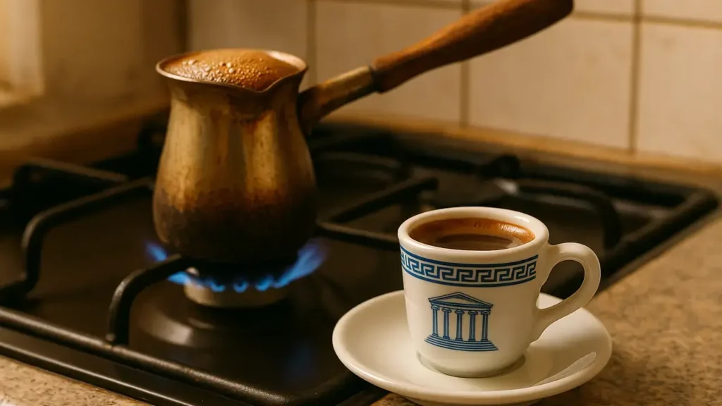 Bubbling Greek coffee in a traditional briki next to a cup, on a gas stove.