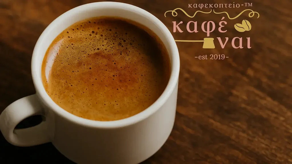 Φλιτζάνι με φρεσκοφτιαγμένο καφέ δίπλα στο λογότυπο του Καφέ Ναι